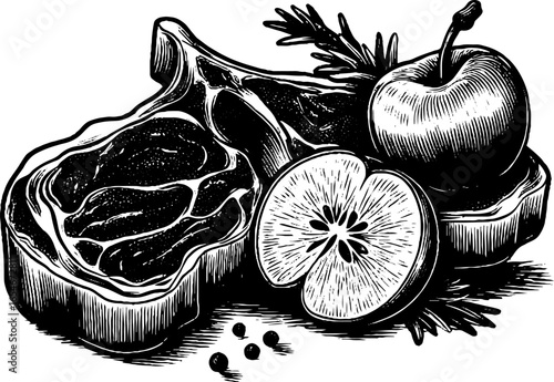 Engraved illustration of pork chops with apple slice and herbs - perfect for culinary design and labels