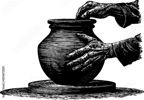 Vintage engraving of potter shaping clay vase - artisan craftsmanship and creative process