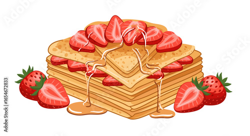 Delicious layered pancake dessert topped with fresh strawberries and drizzled with sweet syrup highlighting breakfast treats