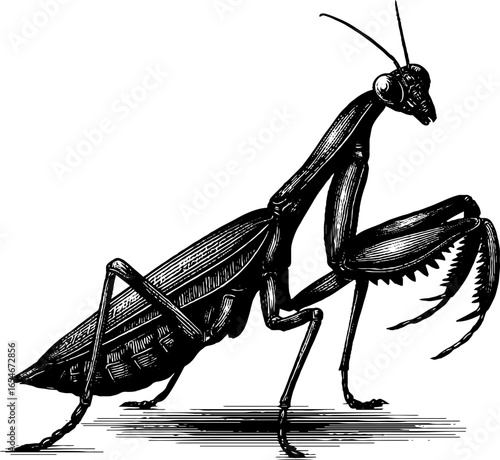 Engraved illustration of praying mantis in hunting pose - vintage design for nature enthusiasts