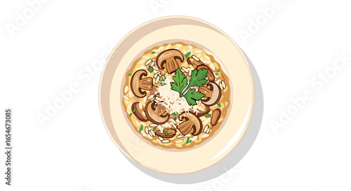 Delicious mushroom and rice hot dish garnished with fresh herbs and cheese served in a cozy bowl