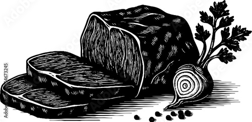 Engraved illustration of roast beef slices, vintage sketch with hand drawn design.
