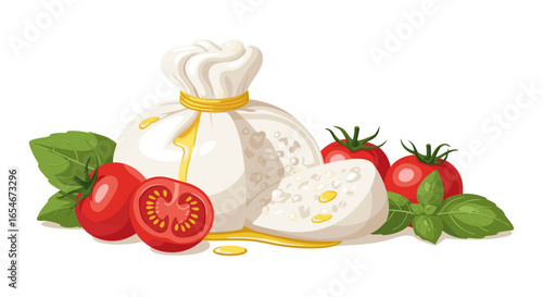 Fresh mozzarella cheese with ripe cherry tomatoes basil leaves and olive oil for a Mediterranean appetizer or salad dish display