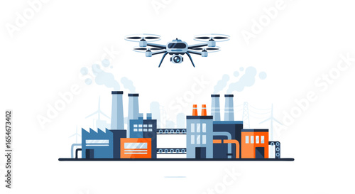 innovative drone surveillance monitoring over modern industrial complex with multiple factory structures and emissions in a futuristic urban