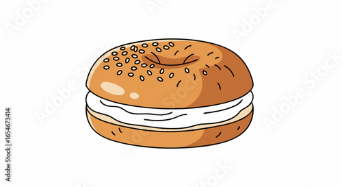Illustration of a classic bagel sandwich with cream cheese and sesame seeds on a white background in a simple cartoon style for food art design and