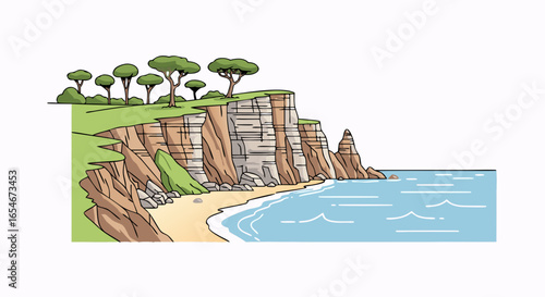 Scenic coastal cliffside with lush green trees overlooking a tranquil beach and calm ocean waters extending into the horizon at sunset twilight