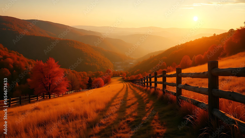 Fototapeta premium Autumnal Hills with Wooden Fence at Sunset
