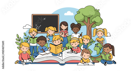 diverse group of children engaging in educational outdoor activities surrounded by books and nature elements in a colorful cartoon scene
