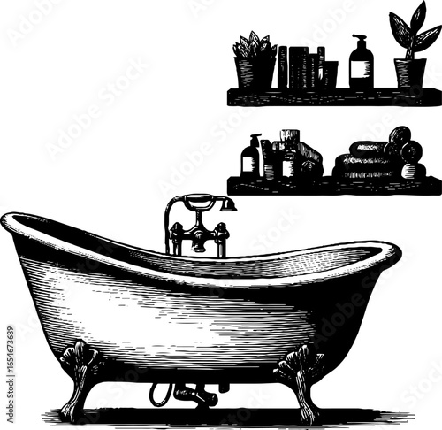 Vintage rustic bathroom design with detailed engraved illustration and clawfoot tub