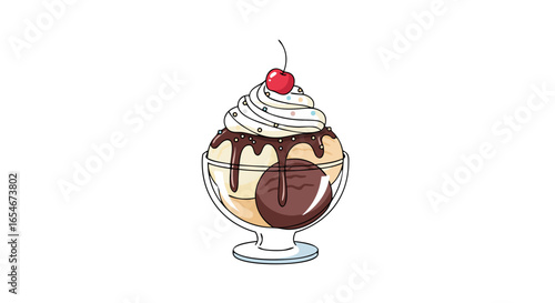 Delicious Ice Cream Sundae with Chocolate Drizzle and Cherry Topping in a Glass Dessert Dish