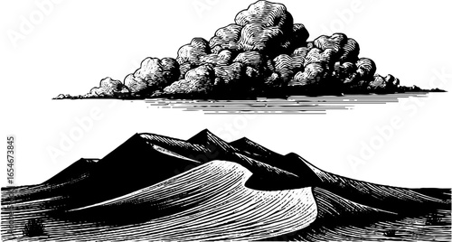 Vintage engraving of windy sand dunes with clouds silhouette for retro design