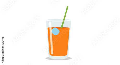 Refreshing orange juice served with a ice cube in a transparent glass with a green straw vibrant summer beverage