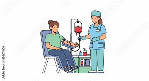 Medical Blood Donation Procedure with Healthcare Professional and Patient in Clinic Setting illustrating blood collection process for donation and
