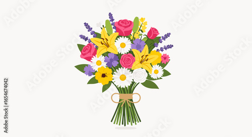 Bright and colorful floral bouquet featuring pink roses yellow lilies white daisies and purple lavender arranged in a graceful hand-tied style