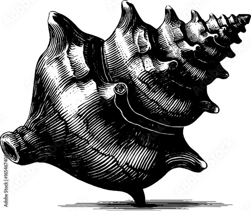 Intricate engraved illustration of conch seashell with spiral pattern design for art projects