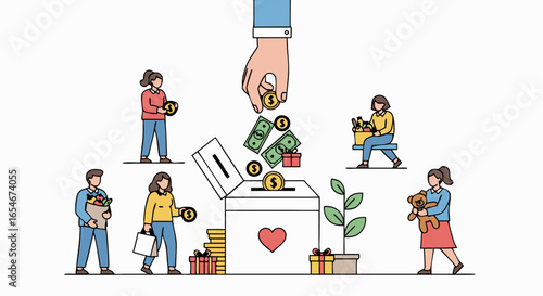 Illustration of charitable donations and giving behavior depicting diverse individuals contributing money and gifts to support a cause through a