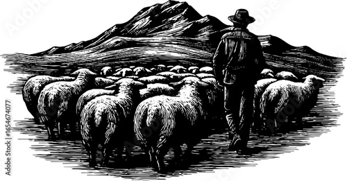 Shepherd with flock in mountainous landscape, engraved vintage sketch hand drawn design.
