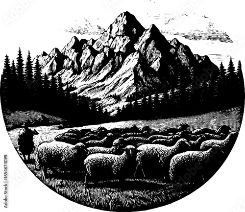 Pastoral scene with shepherd and flock against mountain landscape engraving