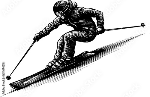 Vintage engraved illustration of skier on slope for winter sports design