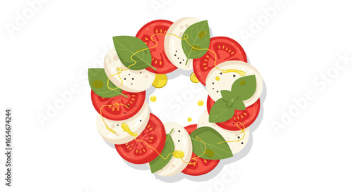 Vibrant and Fresh Caprese Salad Garnished with Basil and Olive Oil in a Circular Arrangement for Appetizer or Healthy Snack