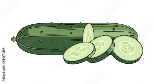 Fresh cucumber with sliced cross-sections displaying inner seeds and textured skin for healthy food presentation or culinary use