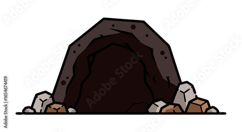 Illustration of a rustic cave entrance surrounded by scattered rocks and earthy tones for outdoor adventure scenes and natural underground