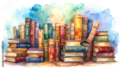 Watercolor painting of a collection of antique books standing and stacked on a surface against a blurred background