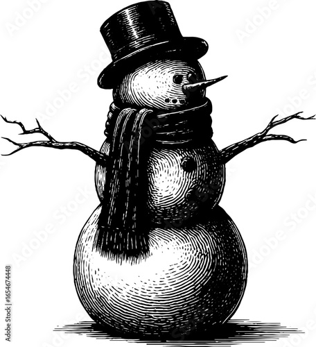 Vintage engraved illustration of snowman with scarf and hat for winter holiday design