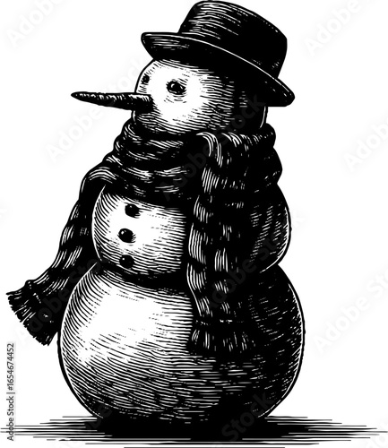 Vintage engraved illustration of snowman with scarf and hat for winter holidays