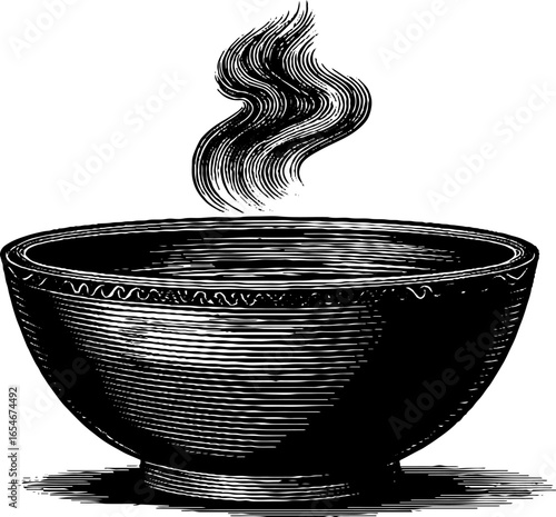 Vintage engraved illustration of a soup bowl with steam - retro design for kitchen art and decor
