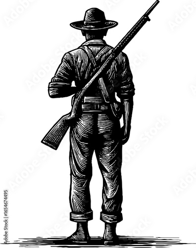 Soldier with rifle standing engraved illustration, vintage sketch with hand drawn design.
