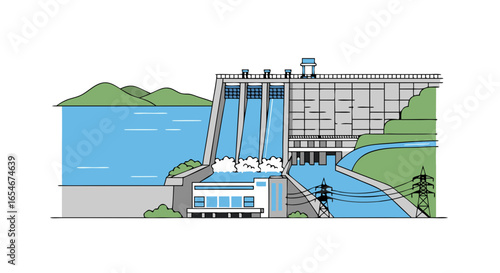 Simplified Illustration of a Modern Hydroelectric Dam Exploiting Water Flow to Generate Electricity with Landscape and Infrastructure Elements