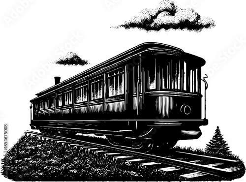 Vintage steam tram carriage engraving for retro travel design