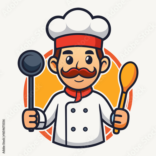 A cartoon chef holding a spoon and a spatula. The chef is smiling and wearing a red hat