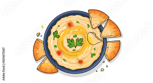 Delicious hummus dish garnished with fresh herbs and served with crispy pita chips for a flavorful appetizer or snack