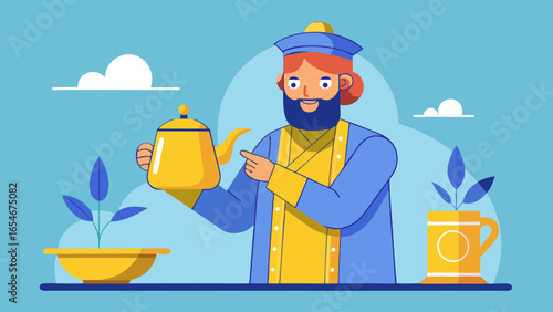 A man is pouring tea into a cup. The man is wearing a blue vest and a red shirt