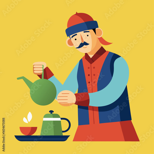 A man is pouring tea into a cup. The man is wearing a blue vest and a red shirt