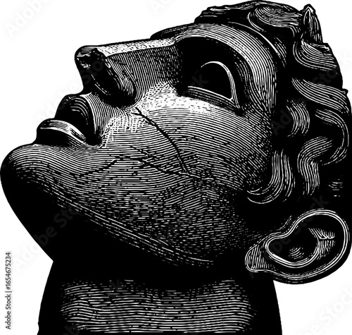 Engraved illustration of stone sculpture bust in vintage style for art and design