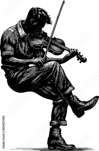 Vintage engraved illustration of street musician playing violin silhouette for retro design