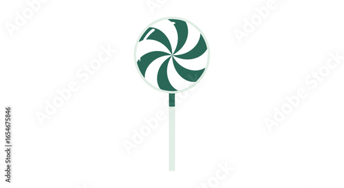 Abstract spiral lollipop with swirling green and white pattern on a plain background emphasizing playful confectionery design and modern minimalism