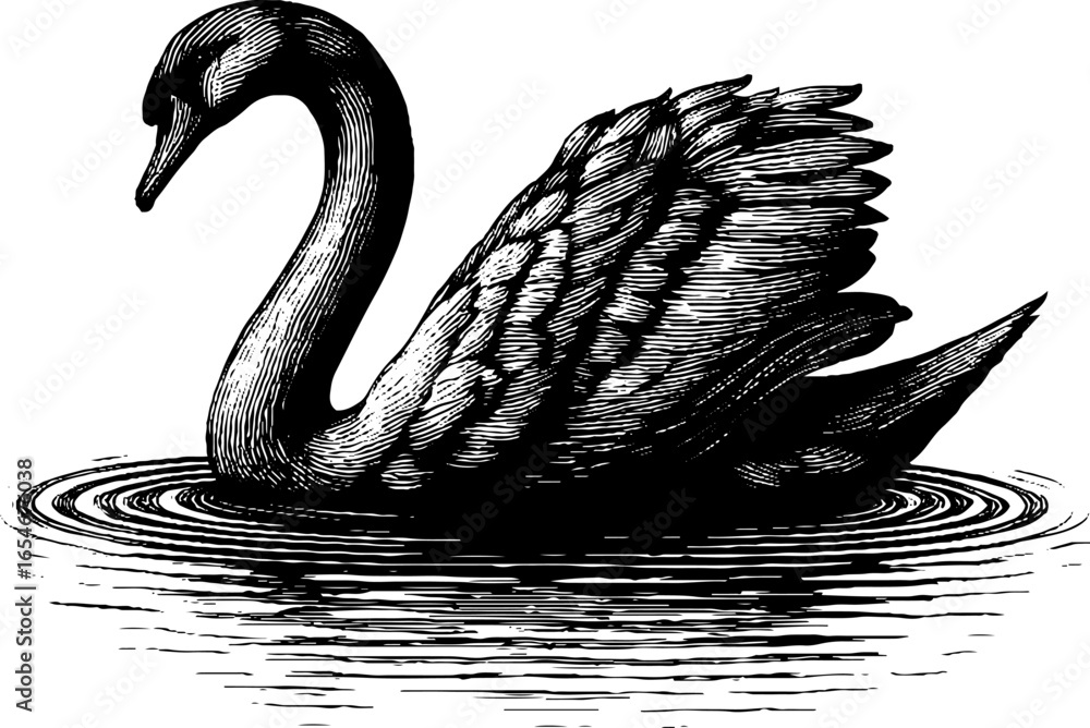 Naklejka premium Elegant swan silhouette on calm water - vintage hand-drawn engraving for retro design