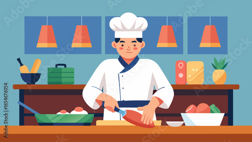 A chef is cutting food on a counter with a bottle of olive oil on the right side. Concept of professionalism and expertise in the kitchen