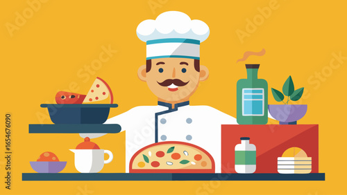 A chef is cooking food in a kitchen. The chef is wearing a white hat and a green apron. The kitchen is filled with various food items, including a pizza, a bowl, and a spoon