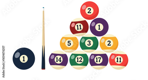 Colorful billiard balls arranged in a pyramid formation with a cue stick and a single black ball for a game of pool or billiards on a clean white