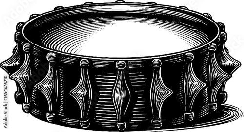 Vintage hand drawn tambourine engraving for music design