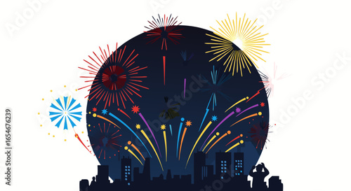 Vibrant firework display illuminating the night sky over a cityscape with colorful explosions and festive celebration ambiance