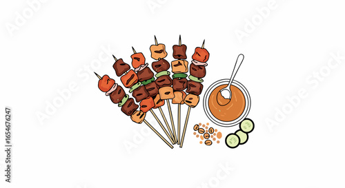 Assorted Middle Eastern kebabs on skewers served with dipping sauce and fresh cucumber slices for a flavorful appetizer or meal