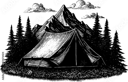 Engraved illustration of tent campsite in mountain landscape for outdoor adventure theme