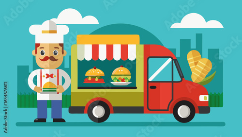 A man in a chef's hat stands in front of a food truck. The truck is yellow and has a red door. The man is holding a book and he is ready to serve customers