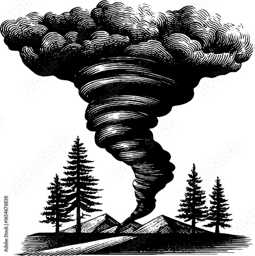 Engraved illustration of a tornado touching down amidst trees for retro design and print